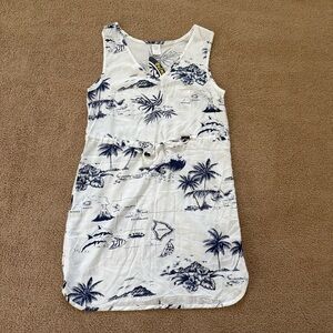 NEW White and Blue Scoop Neck Tropical Hawaii Sundress or Coverup with waist tie